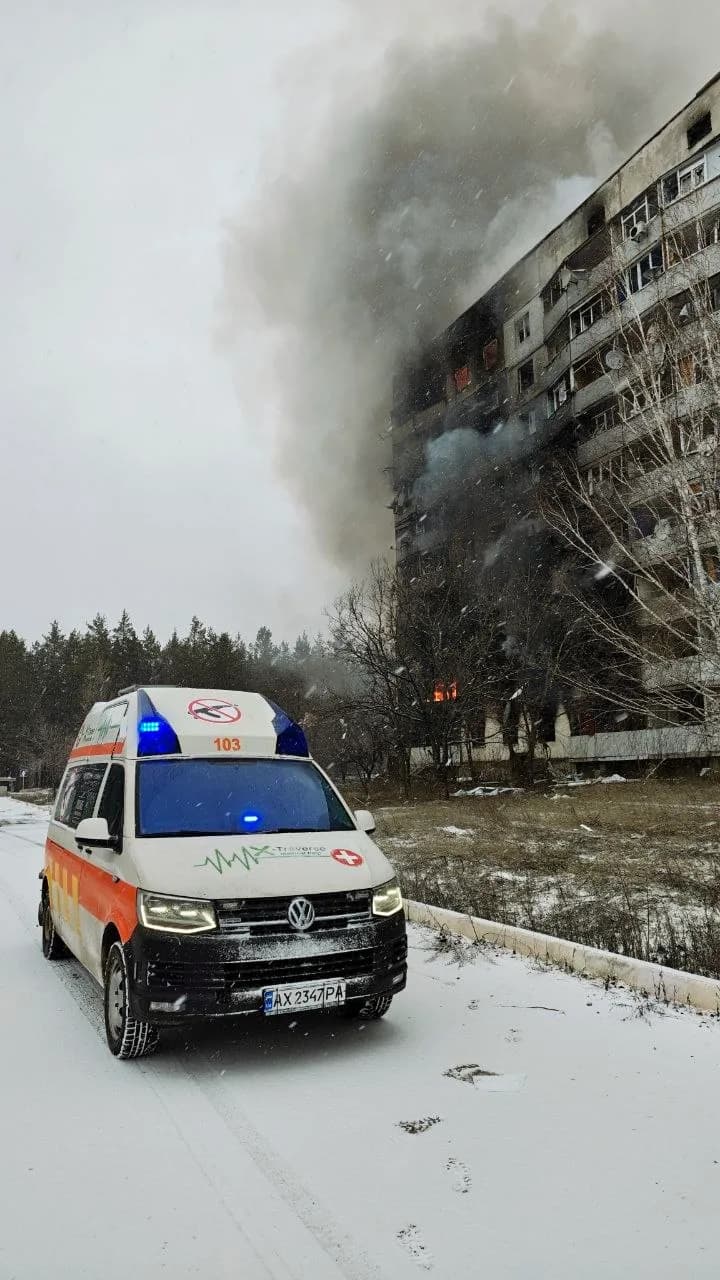 January 2026, evacuation from Kovsharivka. One of the last runs there before every crossing was finally destroyed. Shelling was constant. Right before we entered the village's residential area, a guided bomb (KAB) hit a nine-story building - this is captured in the photo. At that moment we were driving through the forest and stopped right after the strike. Overall, the situation was tense. The evacuation was successful: 12 or 13 people were taken out that day. On every evacuation the car was full (I can't say the exact number of people).